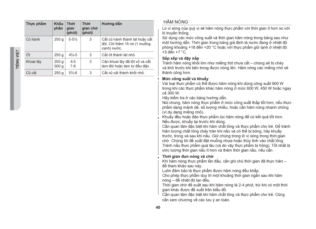 Samsung CE117AE-X/XSV manual HÂM Nóng, Sắp xếp và đậy nắp, Mức công suất và khuấy, Thời gian đun nóng và chờ 