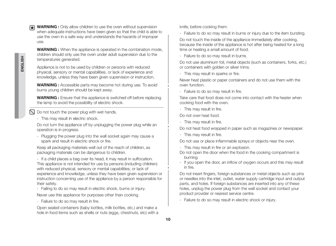 Samsung CE117AE-X/XSV manual This may result in fire. Do not over-heat food 