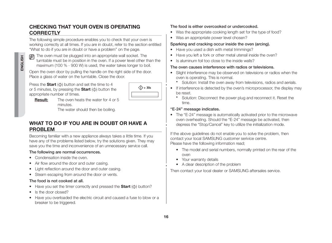 Samsung CE117AE-X/XSV Checking that your oven is operating correctly, What to do if you are in doubt or have a problem 