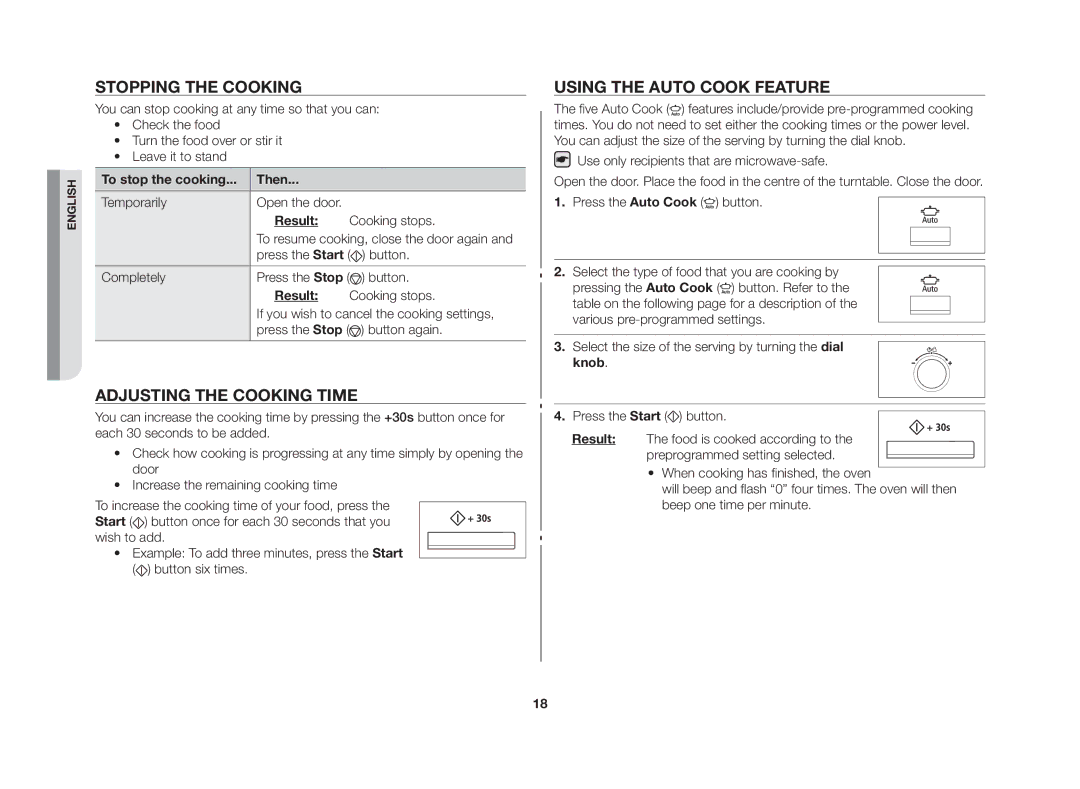 Samsung CE117AE-X/XSV manual Stopping the cooking, Adjusting the cooking time, Using the auto cook feature, Result 