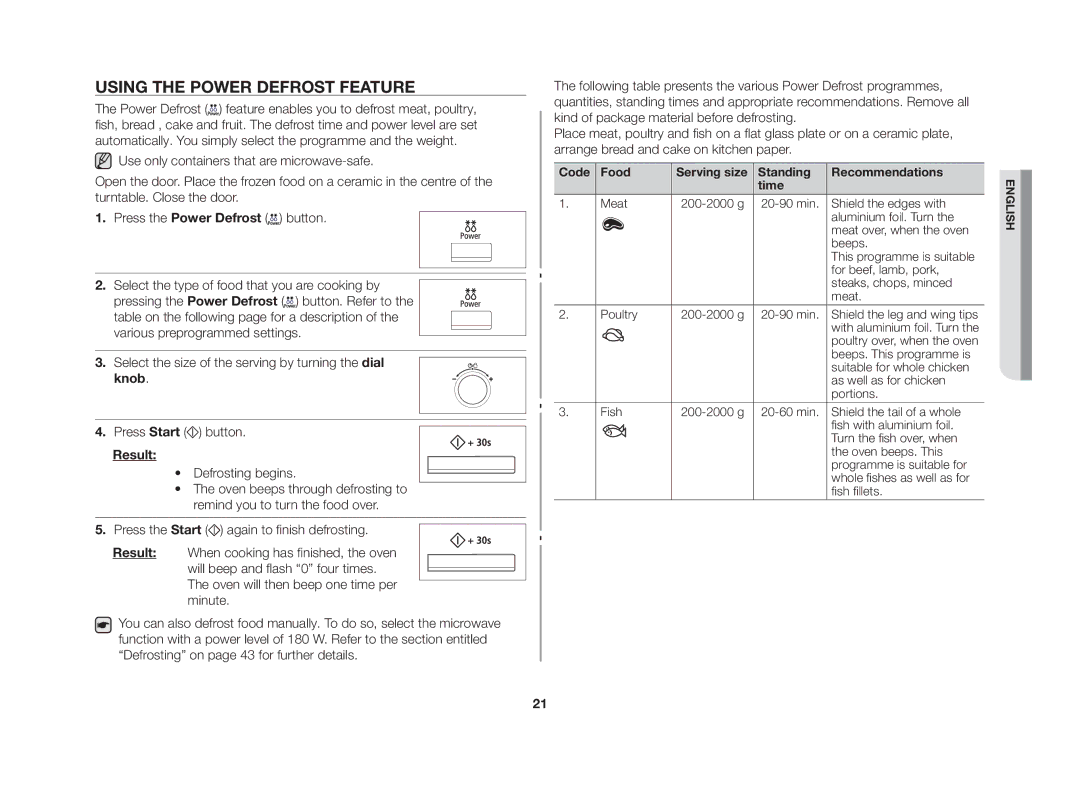 Samsung CE117AE-X/XSV manual Using the power defrost feature, Result 