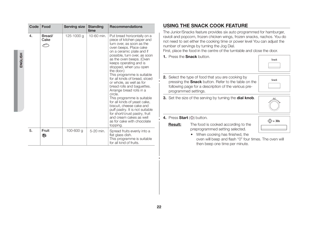 Samsung CE117AE-X/XSV manual Using the snack cook feature 