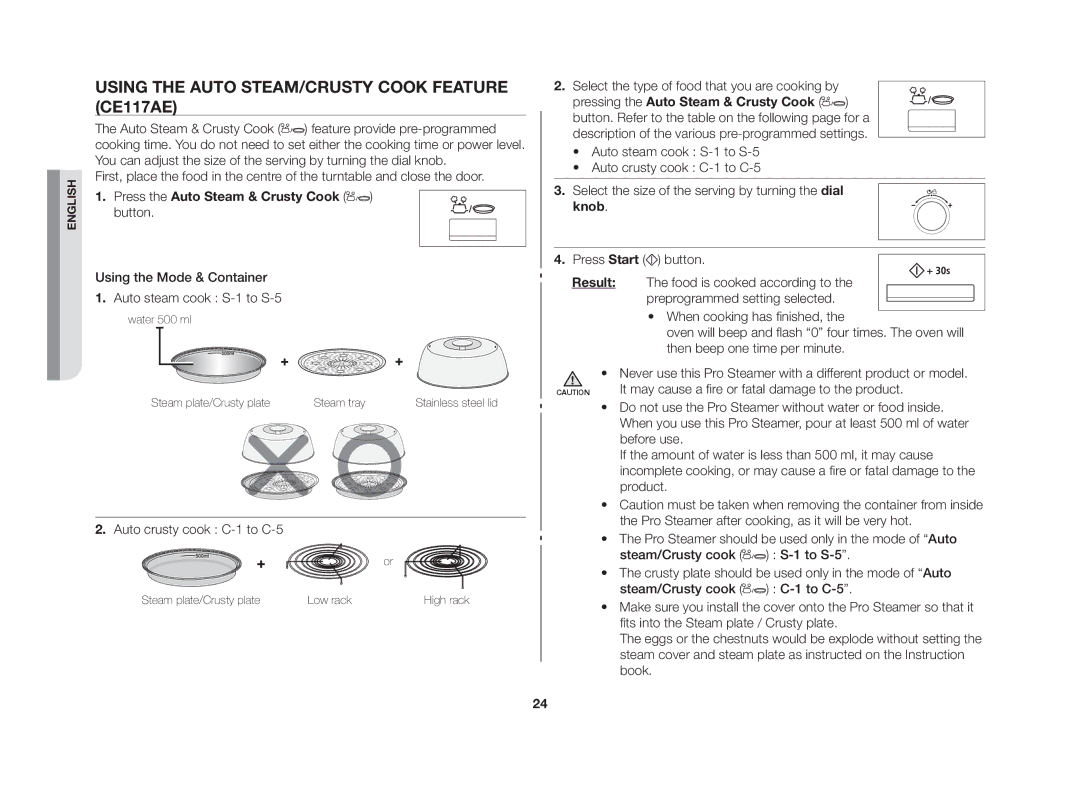 Samsung CE117AE-X/XSV manual Using the auto steam/crusty cook feature CE117AE, Press the Auto Steam & Crusty Cook 