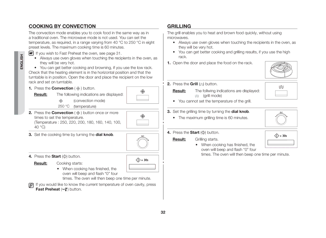 Samsung CE117AE-X/XSV manual Cooking by convection, Grilling 