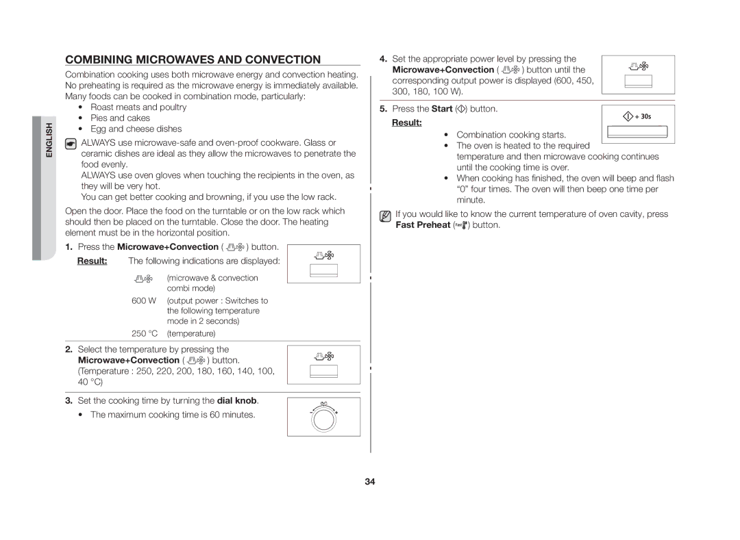 Samsung CE117AE-X/XSV manual Combining microwaves and convection, Press the Microwave+Convection button 