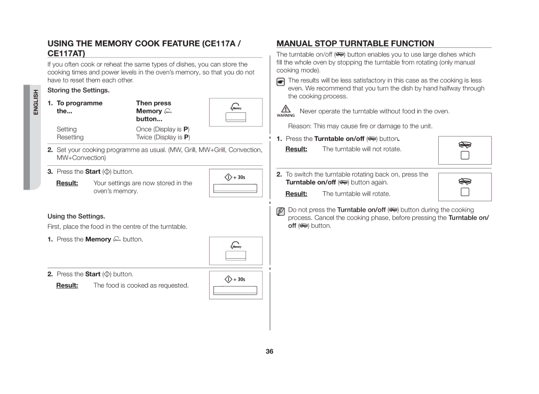 Samsung CE117AE-X/XSV manual Using the memory cook feature CE117A / CE117AT, Manual stop turntable function, Resetting 