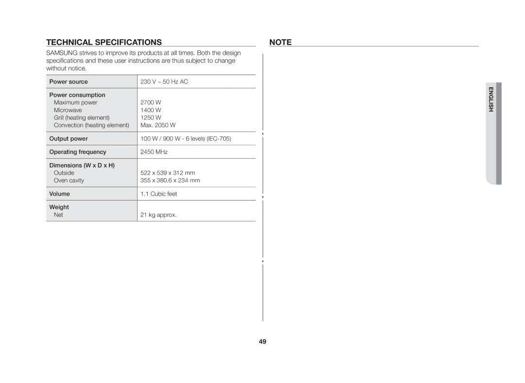 Samsung CE117AE-X/XSV manual Technical specifications 