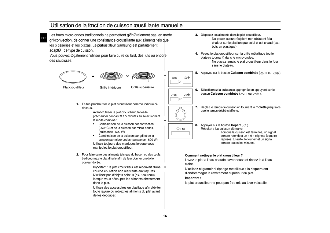 Samsung CE117APT-B/XEF manual Bouton Cuisson combinée,  Comment nettoyer le plat croustilleur ?,  Important 