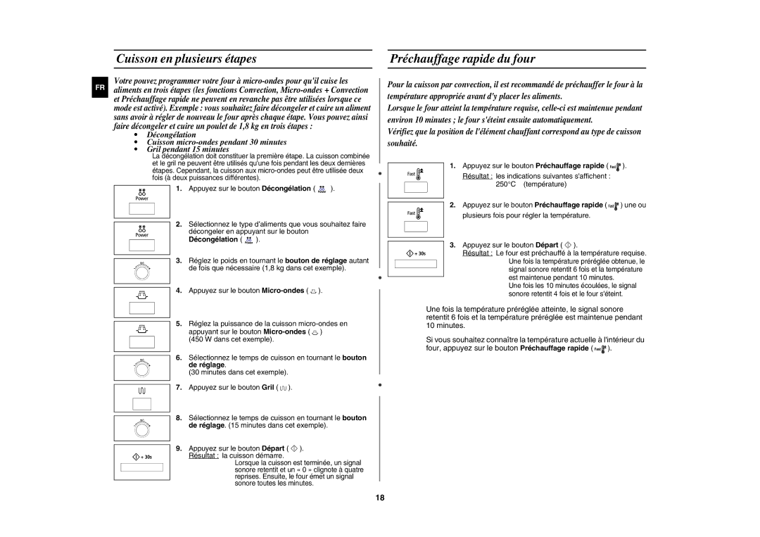 Samsung CE117APT-B/XEF manual Cuisson en plusieurs étapes, Préchauffage rapide du four, Décongélation 