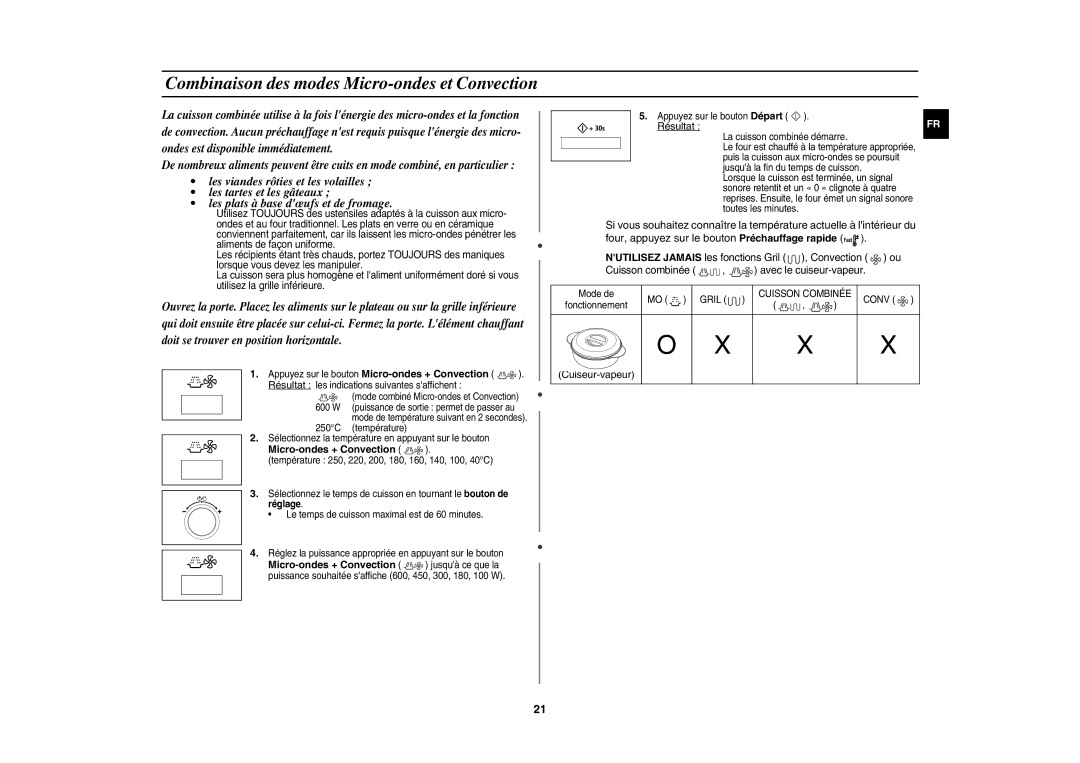 Samsung CE117APT-B/XEF manual Combinaison des modes Micro-ondes et Convection, Micro-ondes + Convection, Réglage 