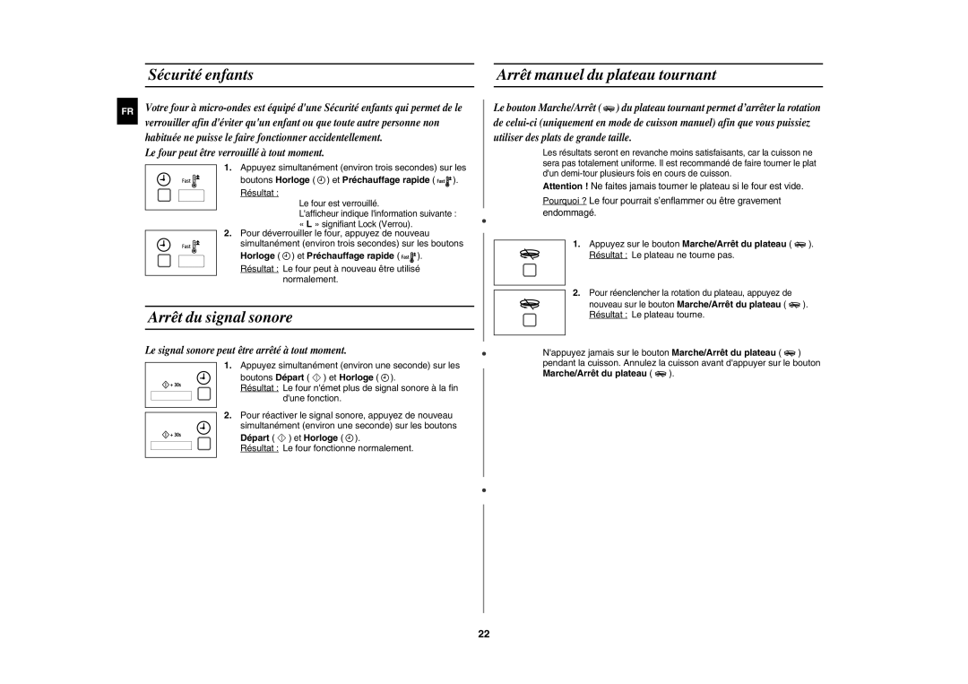 Samsung CE117APT-B/XEF manual Sécurité enfants, Arrêt du signal sonore, Arrêt manuel du plateau tournant 