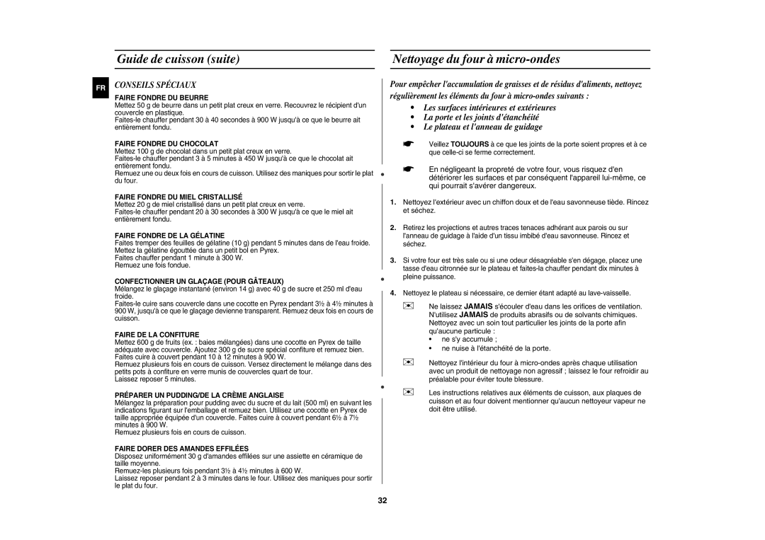 Samsung CE117APT-B/XEF manual Guide de cuisson suite Nettoyage du four à micro-ondes, Conseils Spéciaux 