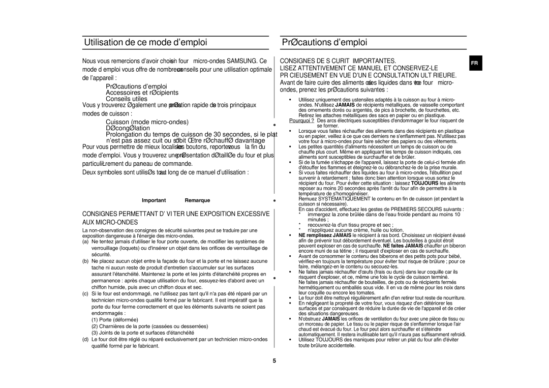 Samsung CE117APT-B/XEF manual Utilisation de ce mode demploi Précautions demploi, Consignes DE Sécurité Importantes 