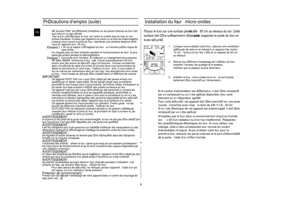 Samsung CE117APT-B/XEF manual Avertissement, 10 cm à larrière et sur les côtés et un espace de 20 cm 