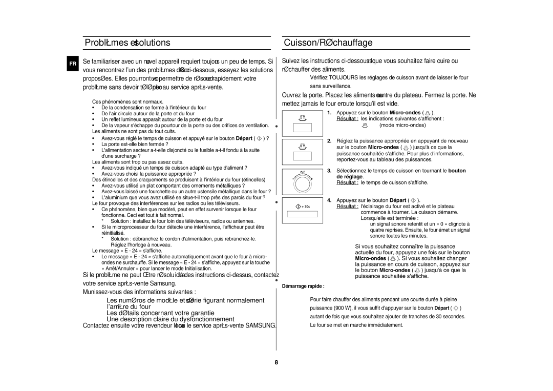 Samsung CE117APT-B/XEF manual Problèmes et solutions Cuisson/Réchauffage, Démarrage rapide 