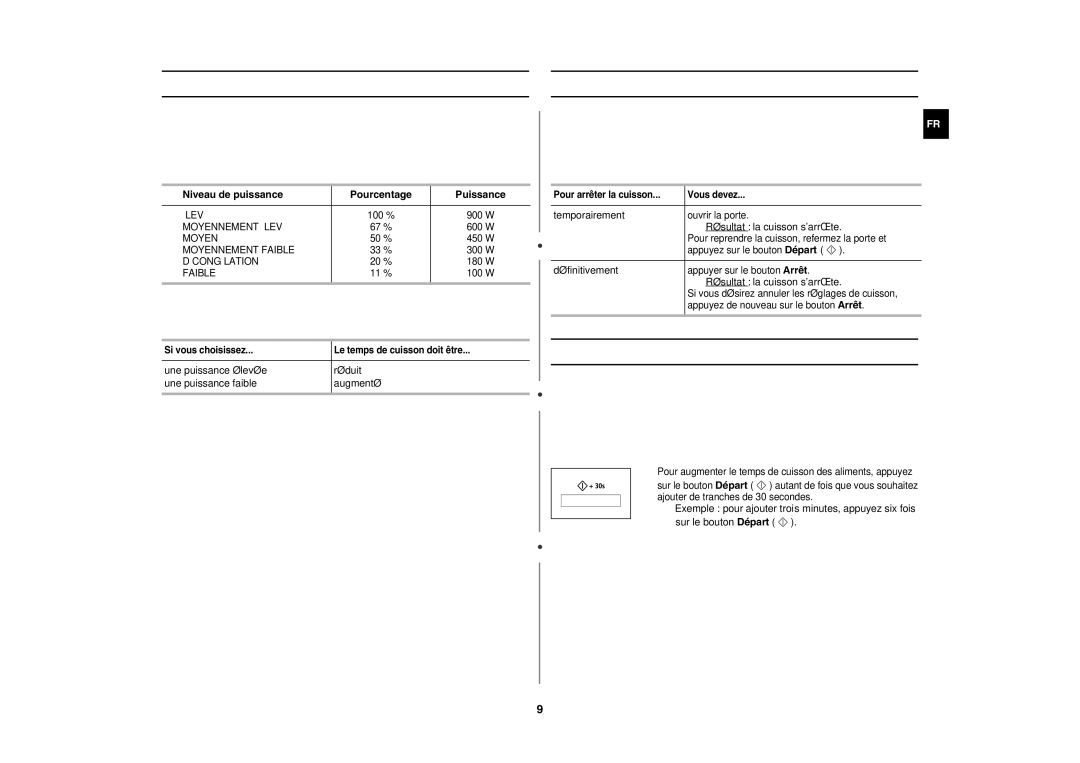 Samsung CE117APT-B/XEF manual Puissances et temps de cuisson Arrêt de la cuisson, Réglage du temps de cuisson 