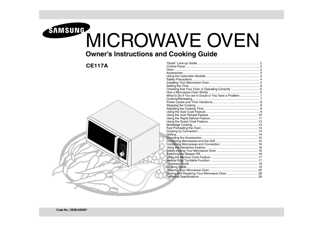 Samsung CE117A/ZAM manual Microwave Oven, Code No. DE68-03509Y 