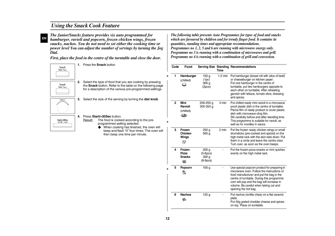 Samsung CE117A/ZAM manual Using the Snack Cook Feature, Select the type of food that you are cooking by pressing, Food 