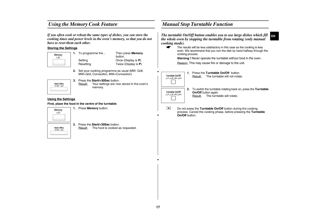 Samsung CE117A/ZAM manual Using the Memory Cook Feature, Manual Stop Turntable Function, Storing the Settings, To programme 