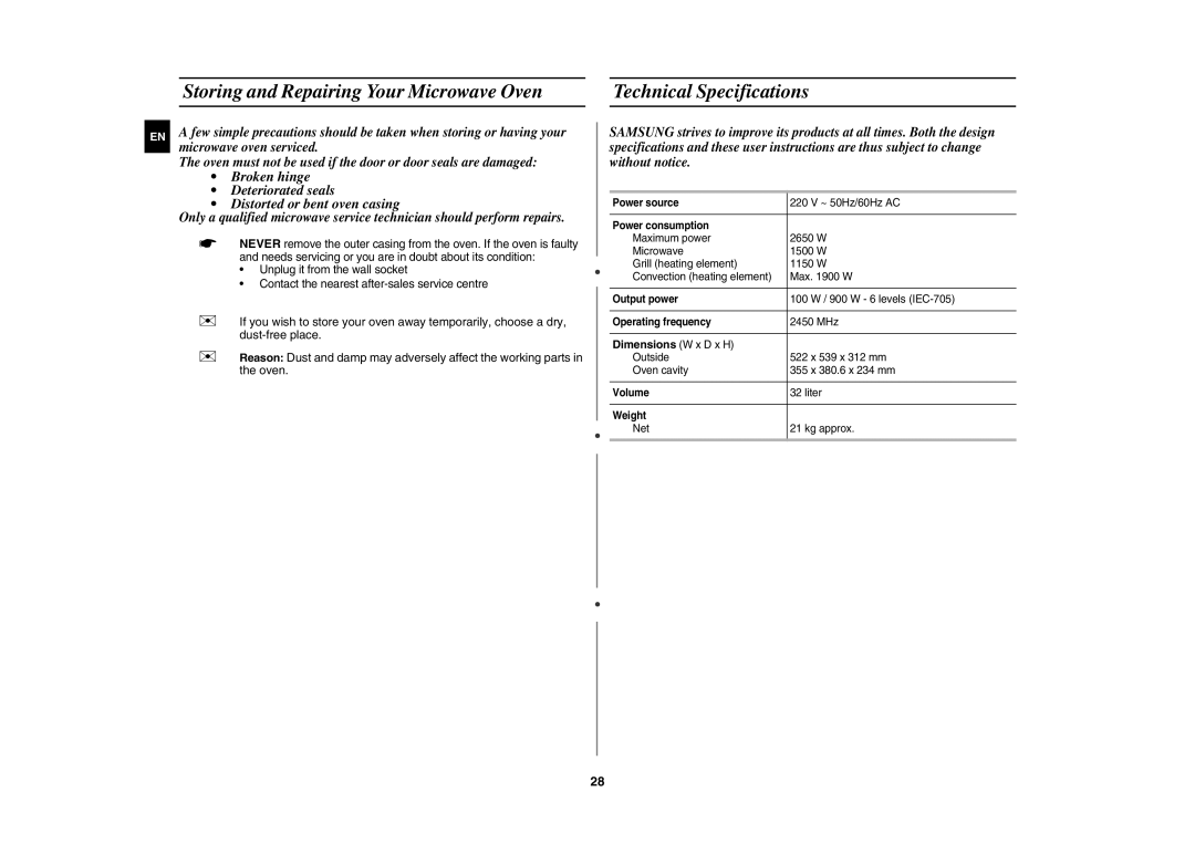 Samsung CE117A/ZAM manual Dimensions W x D x H 