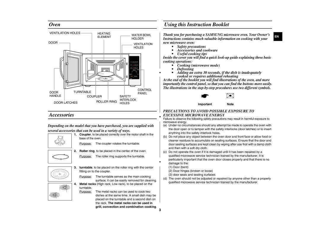 Samsung CE117A/ZAM manual Oven Using this Instruction Booklet, Accessories, Important Note 