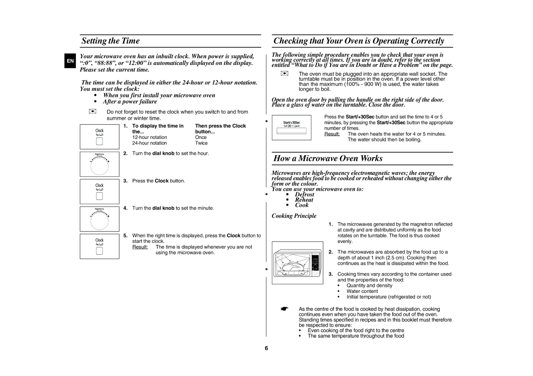 Samsung CE117A/ZAM Setting the Time, Checking that Your Oven is Operating Correctly, How a Microwave Oven Works, Button 