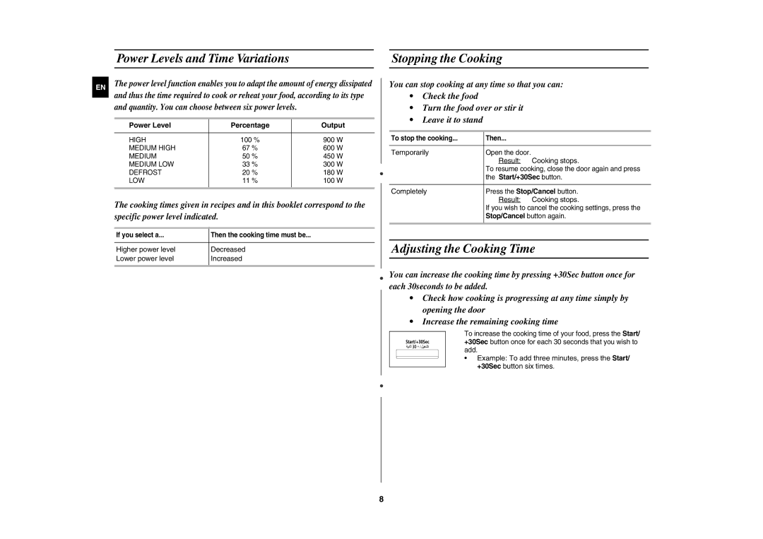 Samsung CE117A/ZAM manual Power Levels and Time Variations Stopping the Cooking, Adjusting the Cooking Time 