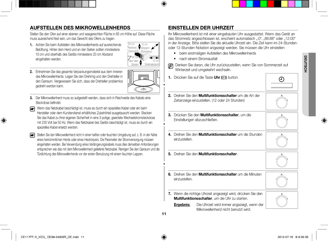 Samsung CE117PF-X/XEG manual Aufstellen DES Mikrowellenherds, Einstellen DER Uhrzeit, Drehen Sie den Multifunktionsschalter 