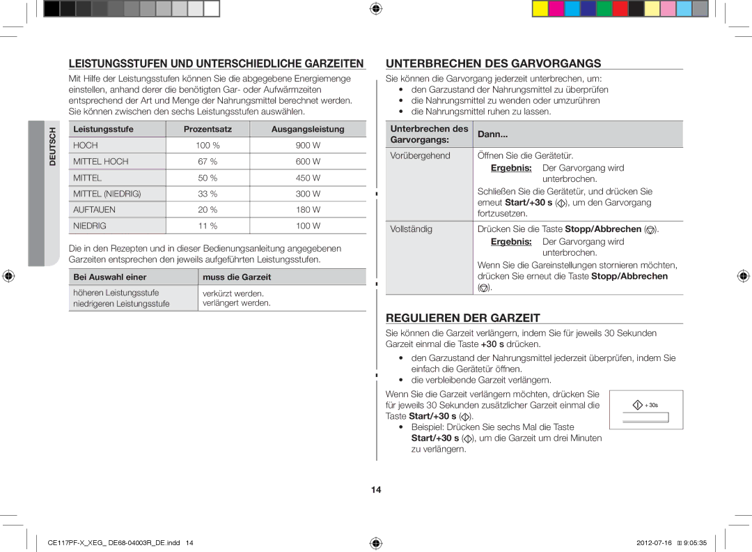 Samsung CE117PF-X/XEG manual Unterbrechen DES Garvorgangs, Regulieren DER Garzeit, Dann Garvorgangs, Ergebnis 