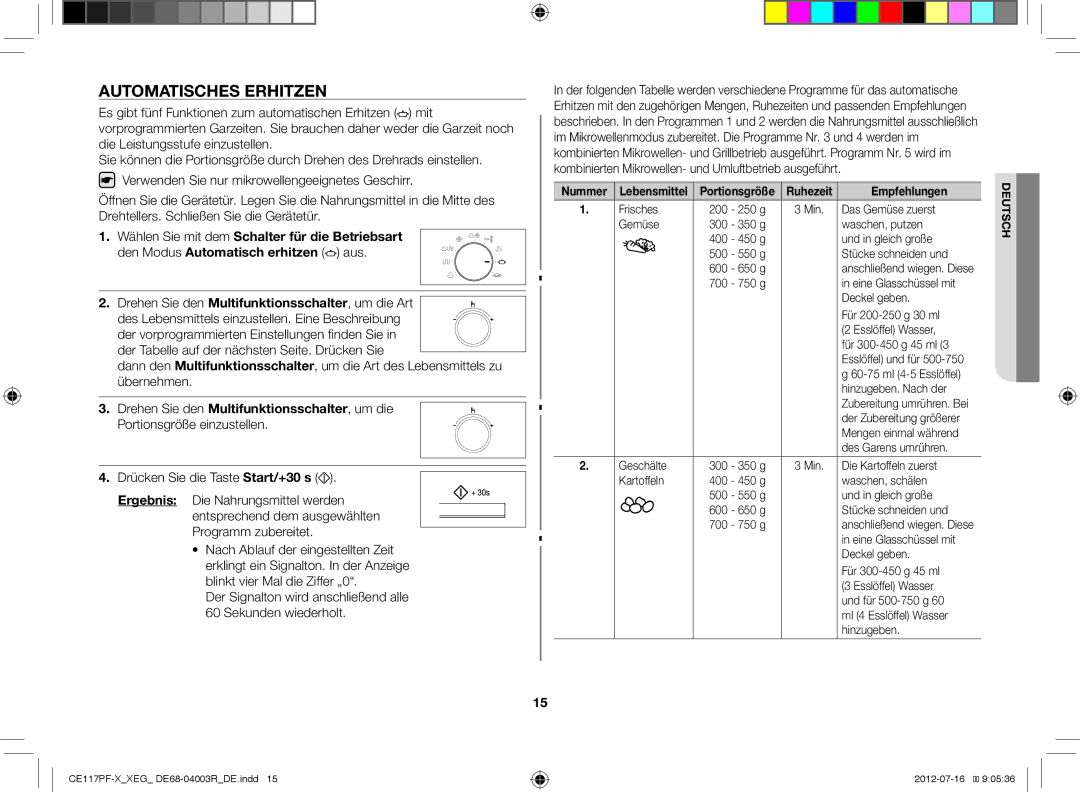 Samsung CE117PF-X/XEG Automatisches Erhitzen, Der Signalton wird anschließend alle 60 Sekunden wiederholt, Lebensmittel 