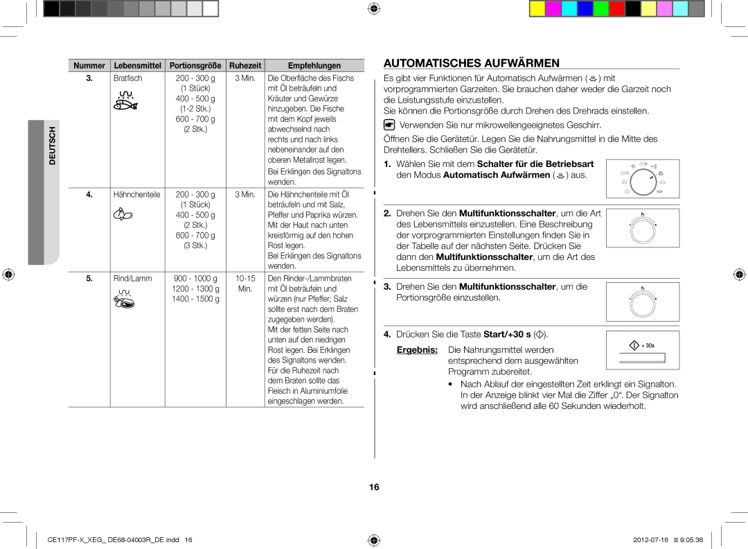 Samsung CE117PF-X/XEG manual Automatisches Aufwärmen, Nummer 