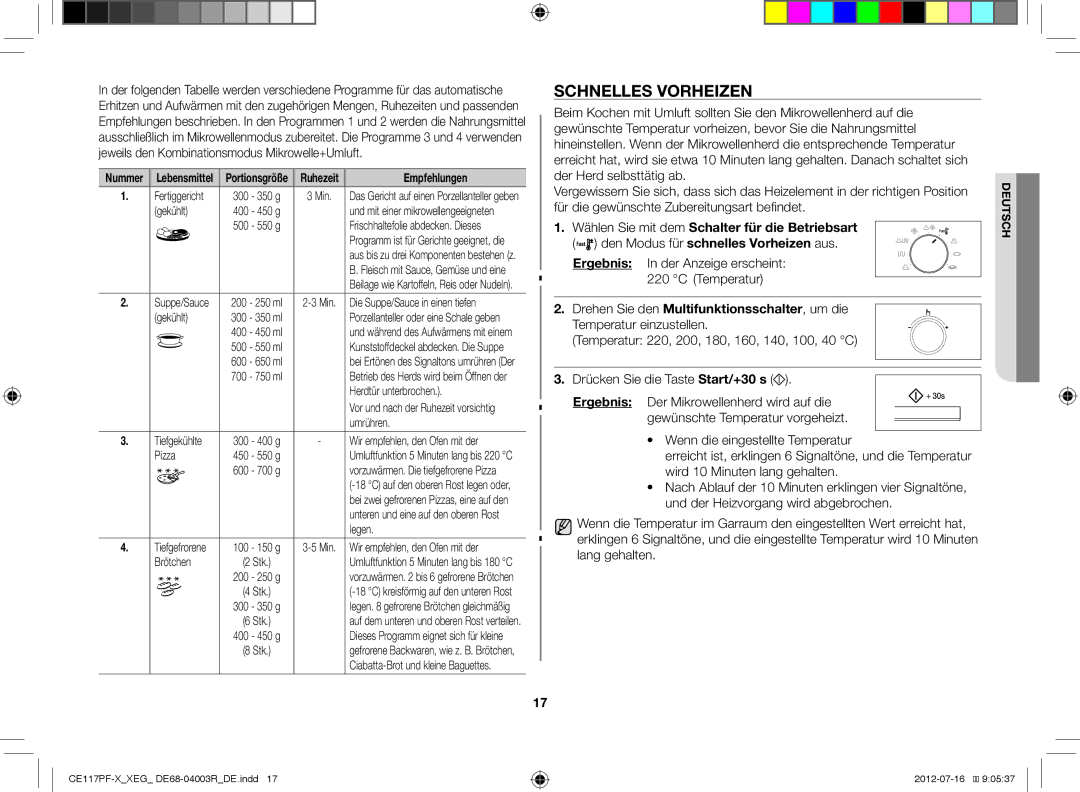 Samsung CE117PF-X/XEG manual Schnelles Vorheizen, Wählen Sie mit dem Schalter für die Betriebsart 