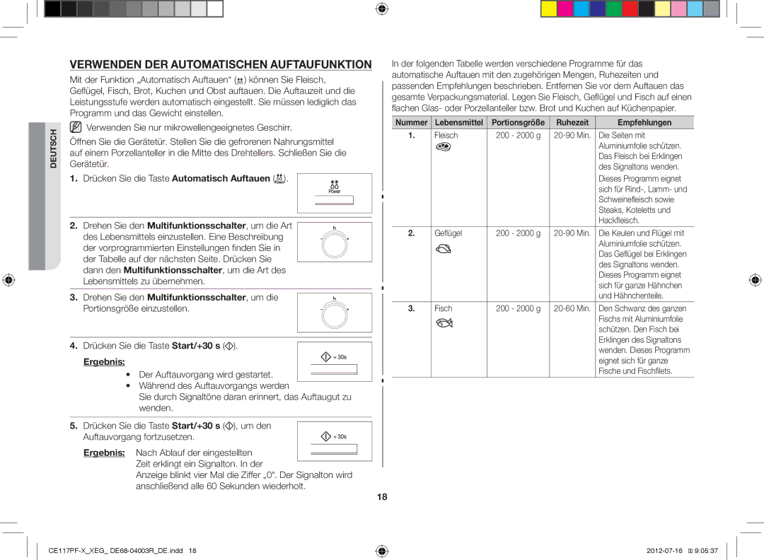 Samsung CE117PF-X/XEG manual Verwenden DER Automatischen Auftaufunktion, Ruhezeit Empfehlungen 