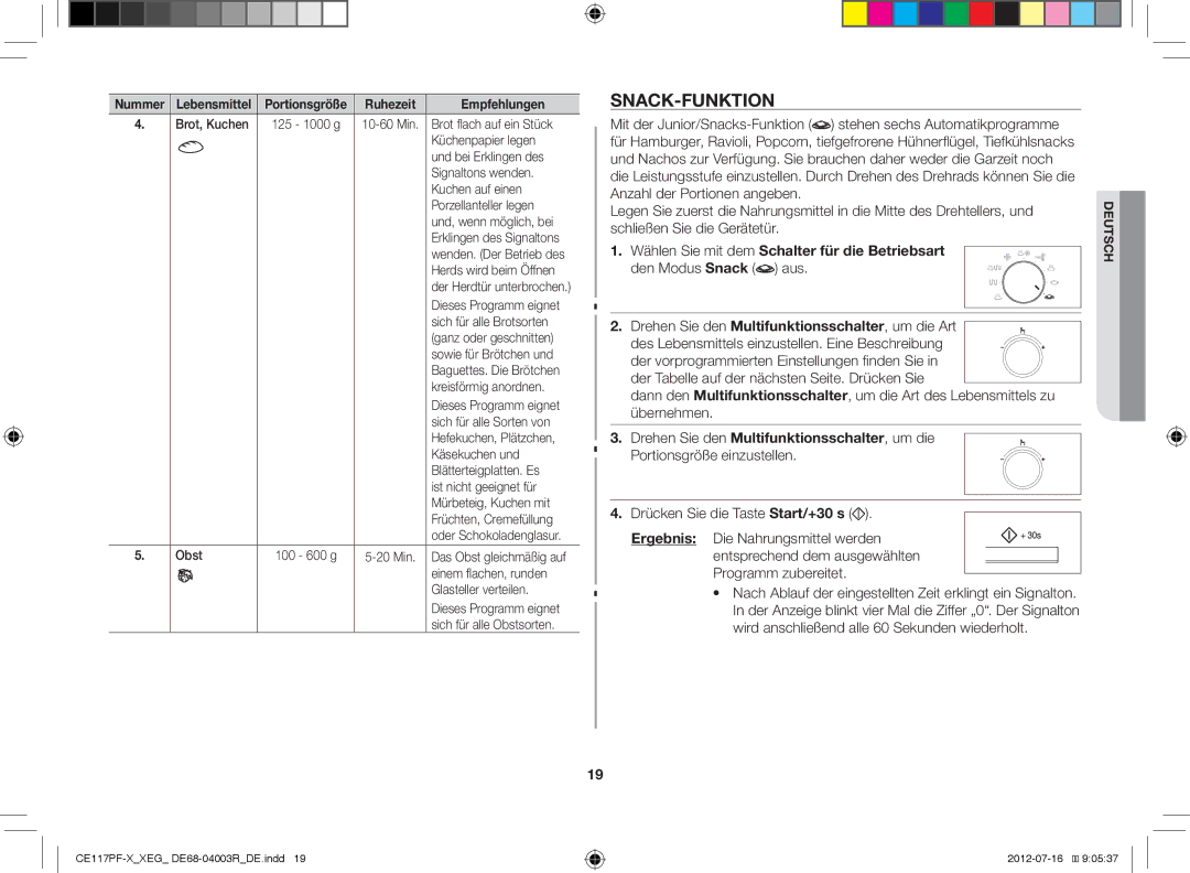 Samsung CE117PF-X/XEG manual Snack-Funktion 