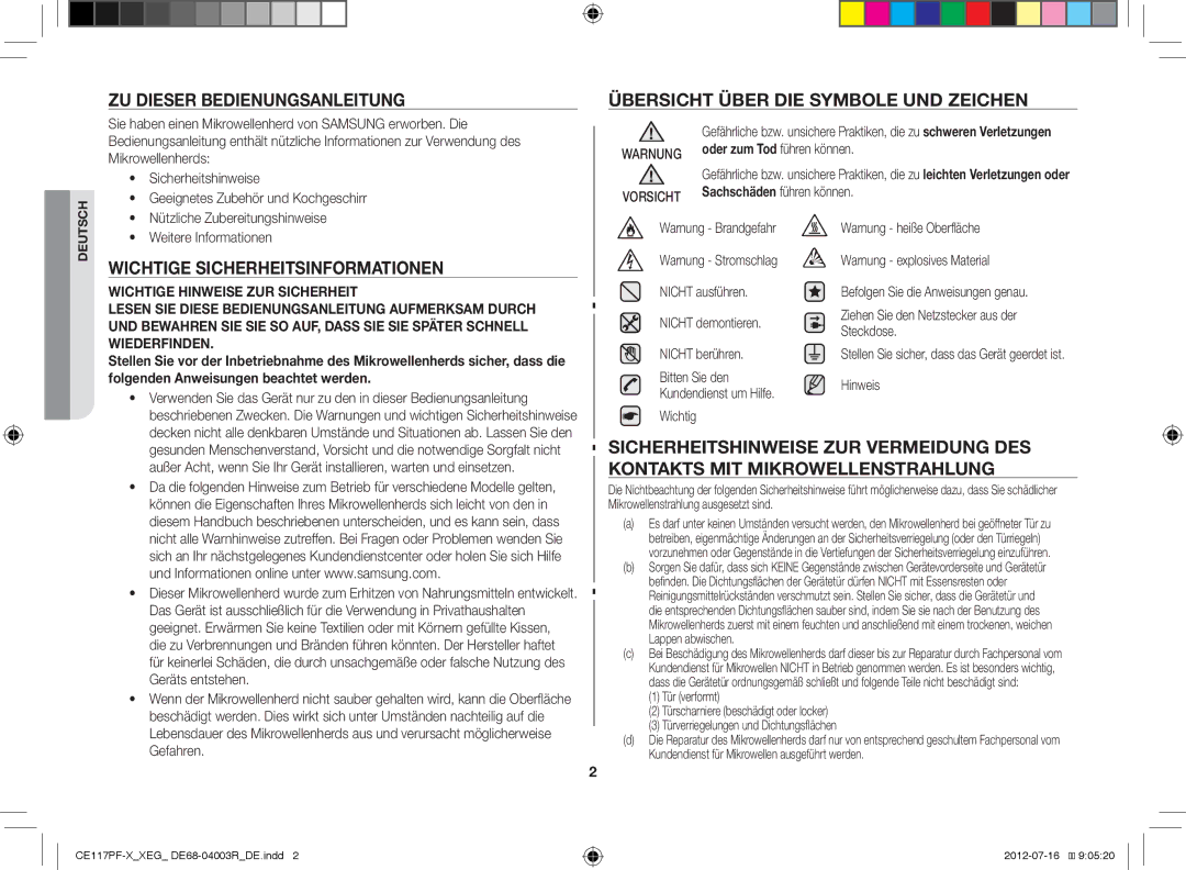 Samsung CE117PF-X/XEG manual ZU Dieser Bedienungsanleitung, Übersicht Über DIE Symbole UND Zeichen 