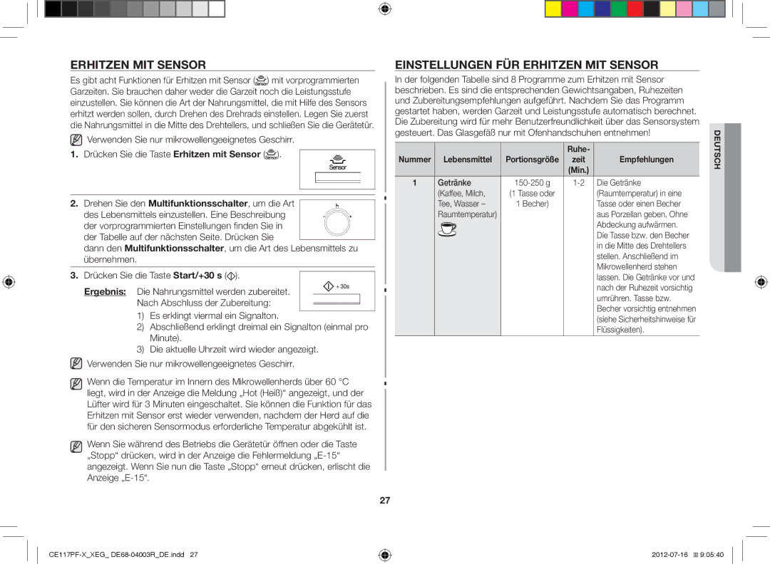 Samsung CE117PF-X/XEG manual Einstellungen FÜR Erhitzen MIT Sensor, Ruhe 