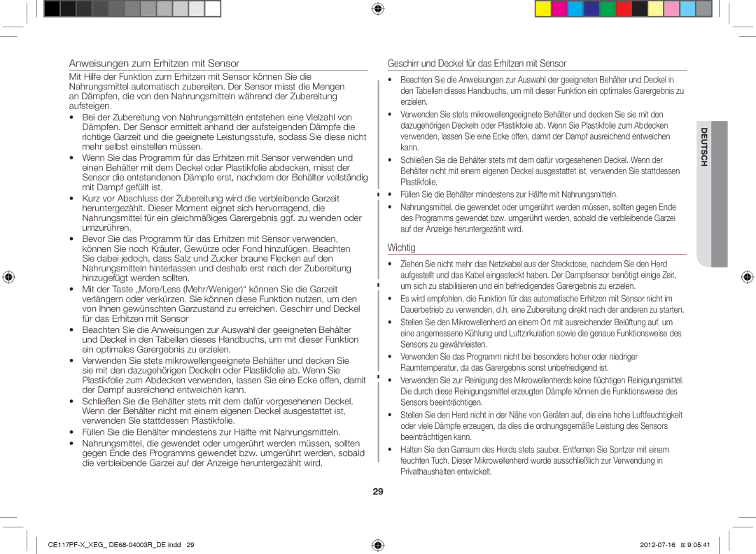 Samsung CE117PF-X/XEG manual Anweisungen zum Erhitzen mit Sensor 