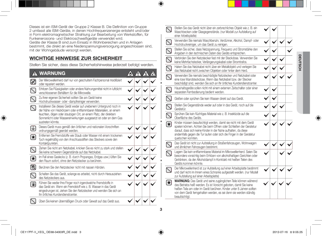 Samsung CE117PF-X/XEG manual Wichtige Hinweise ZUR Sicherheit, Warnung 