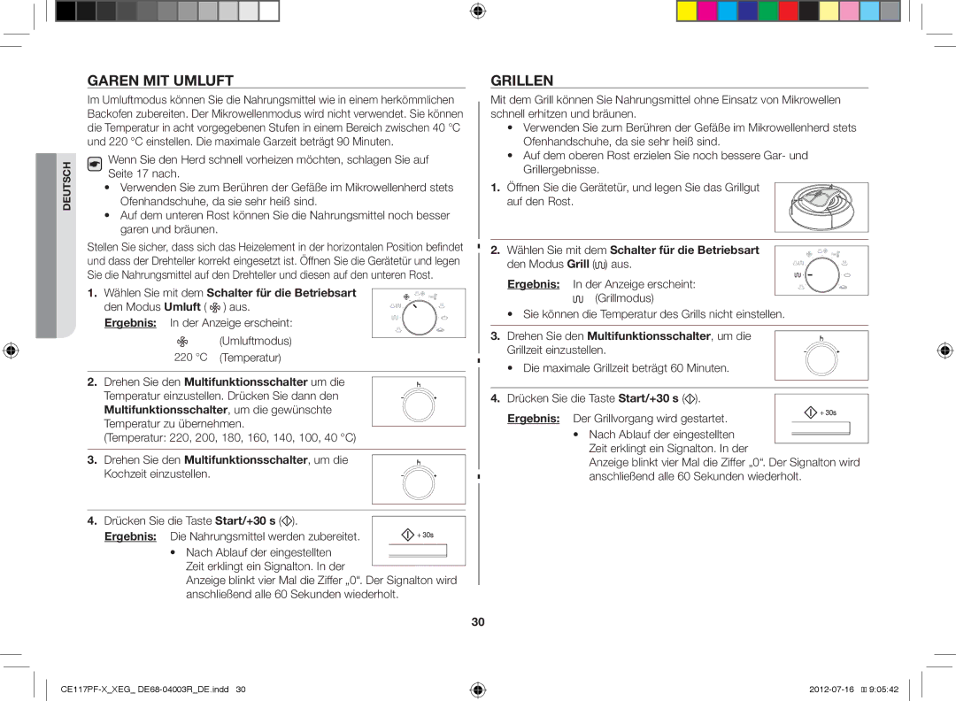 Samsung CE117PF-X/XEG manual Garen MIT Umluft, Grillen, Ergebnis In der Anzeige erscheint Umluftmodus Temperatur 