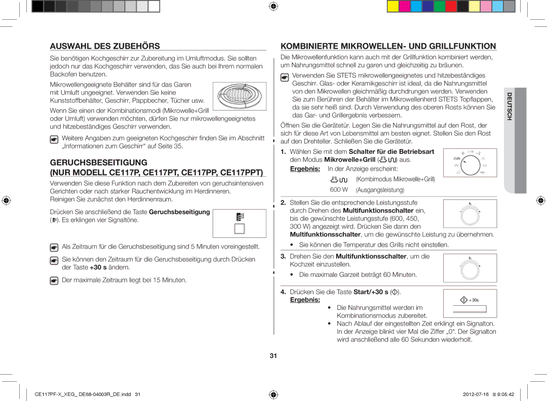 Samsung CE117PF-X/XEG manual Auswahl DES Zubehörs, Kombinierte MIKROWELLEN- UND Grillfunktion 