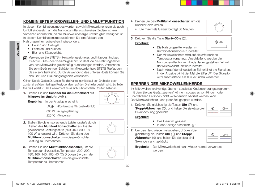 Samsung CE117PF-X/XEG manual Kombinierte MIKROWELLEN- UND Umluftfunktion, Sperren DES Mikrowellenherds, Temperatur 