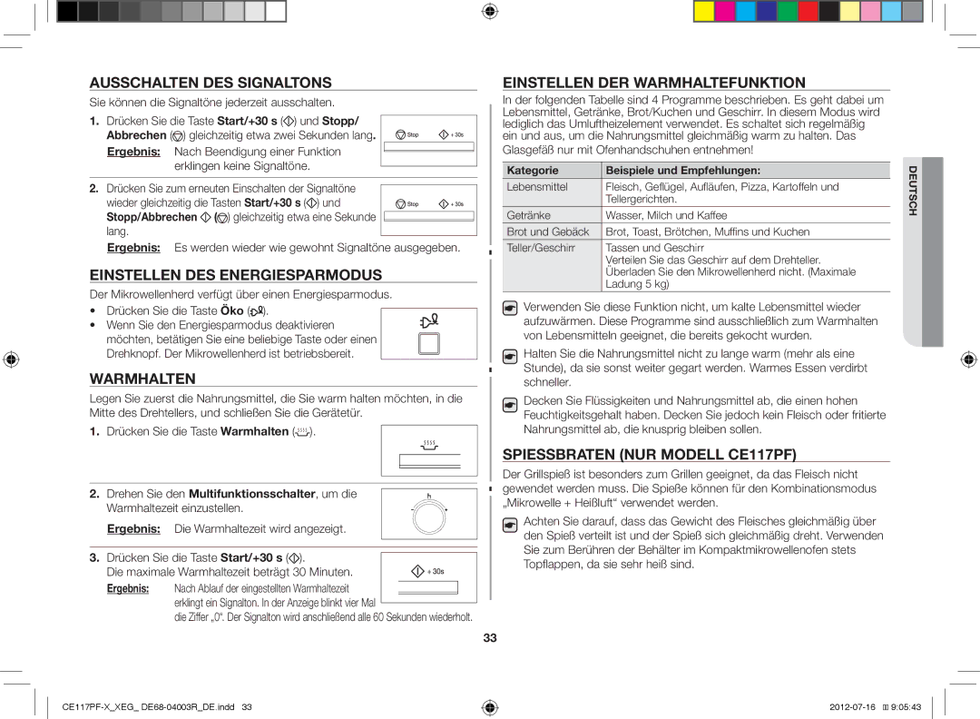 Samsung CE117PF-X/XEG manual Ausschalten DES Signaltons, Einstellen DES Energiesparmodus, Warmhalten 