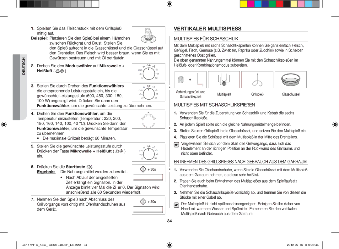 Samsung CE117PF-X/XEG manual Vertikaler Multispiess, Gewürzen bestreuen und mit Öl beträufeln, Heißluft 