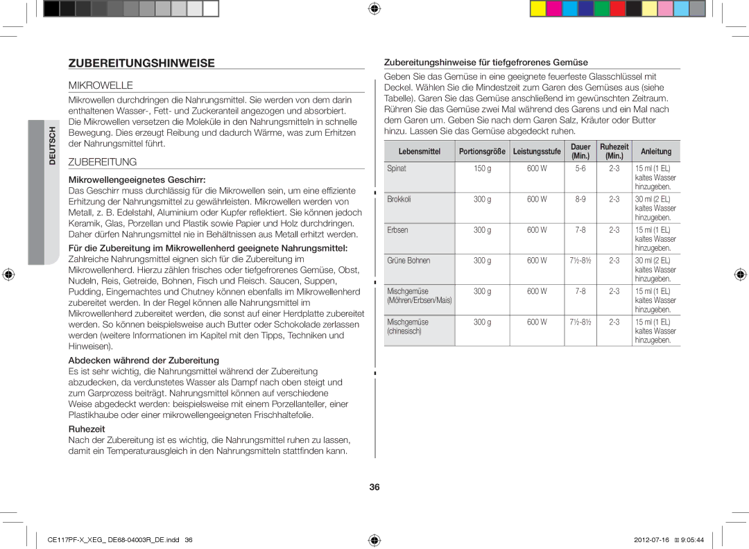 Samsung CE117PF-X/XEG manual Zubereitungshinweise, Mikrowelle 