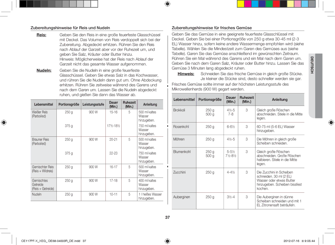 Samsung CE117PF-X/XEG manual Zubereitungshinweise für frisches Gemüse 