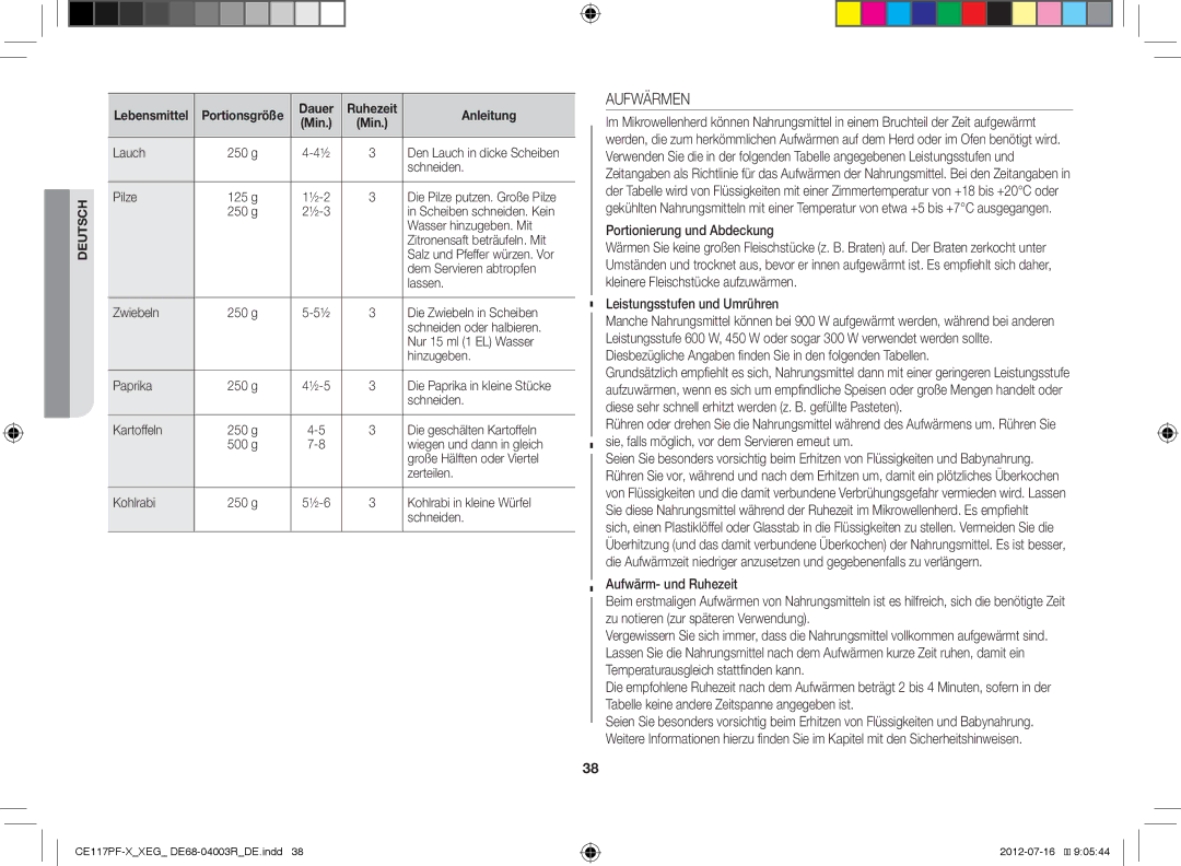 Samsung CE117PF-X/XEG Aufwärmen, Portionierung und Abdeckung, Leistungsstufen und Umrühren, Dauer Ruhezeit Anleitung Min 