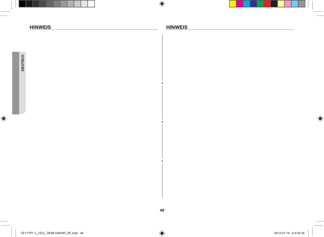 Samsung CE117PF-X/XEG manual Hinweis 