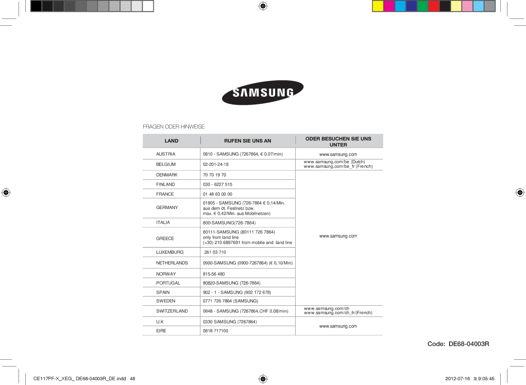 Samsung CE117PF-X/XEG manual Code DE68-04003R 