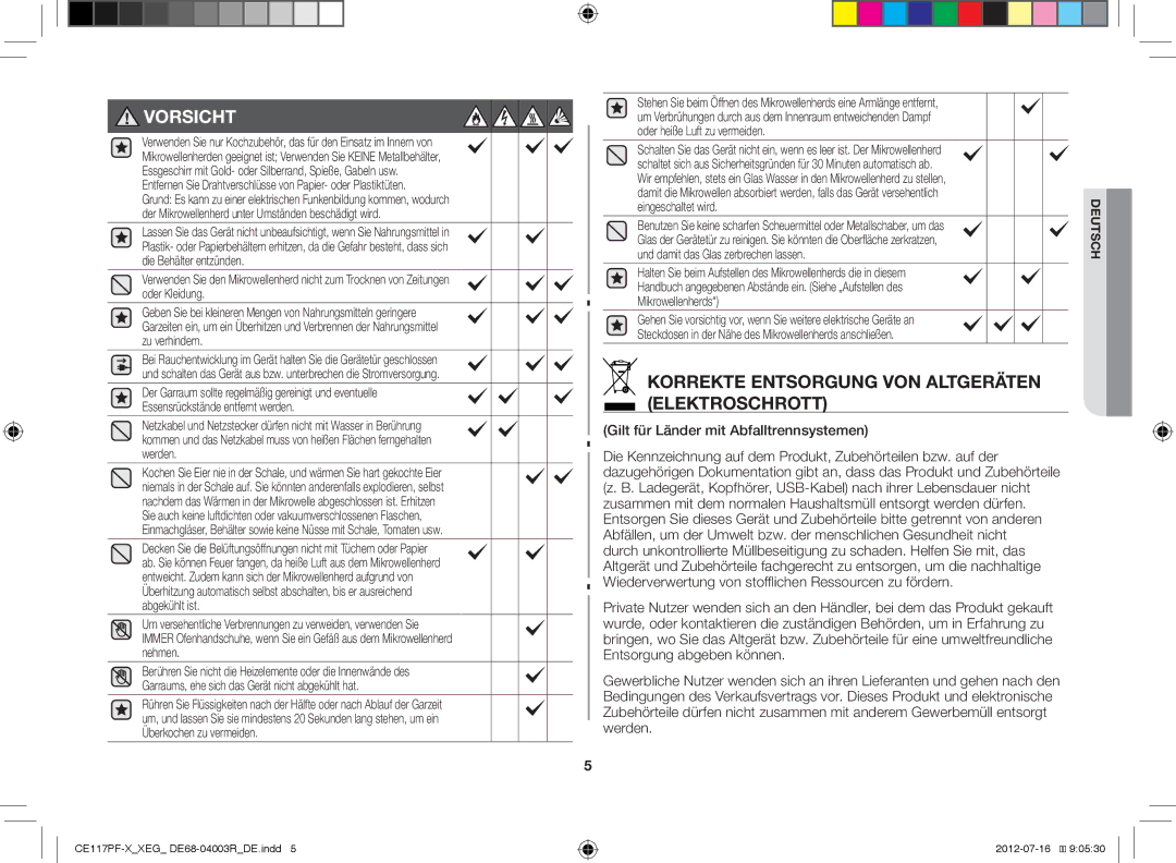 Samsung CE117PF-X/XEG manual Gilt für Länder mit Abfalltrennsystemen, Garraums, ehe sich das Gerät nicht abgekühlt hat 