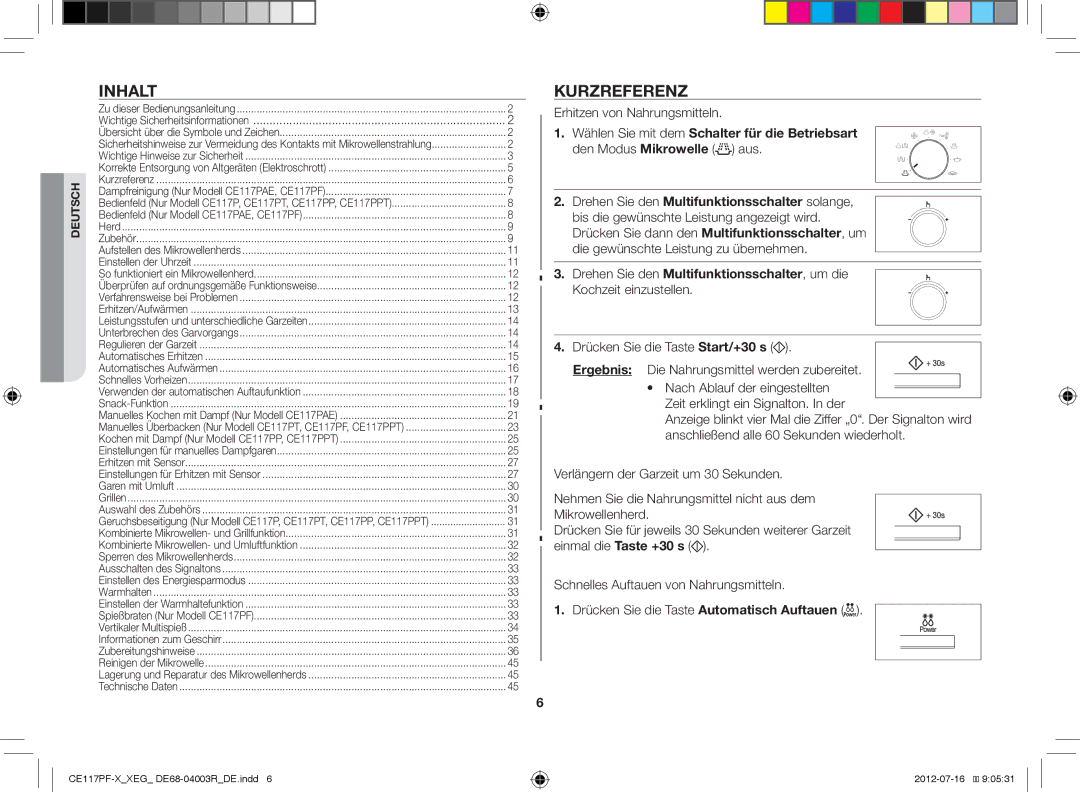 Samsung CE117PF-X/XEG manual Inhalt, Kurzreferenz, Erhitzen von Nahrungsmitteln 